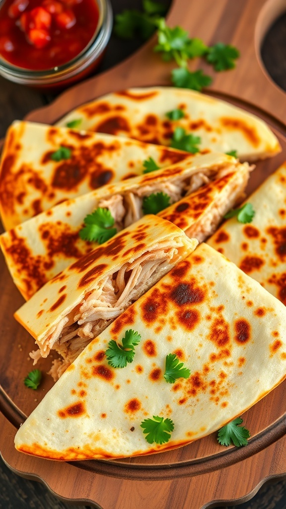 Golden-brown chicken quesadilla cut into wedges, served with salsa and sour cream on a wooden board.